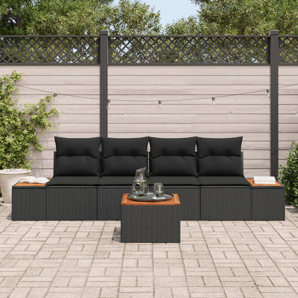 Trädgårdsoffset med kudde 5 pcs Svart Poly rattan