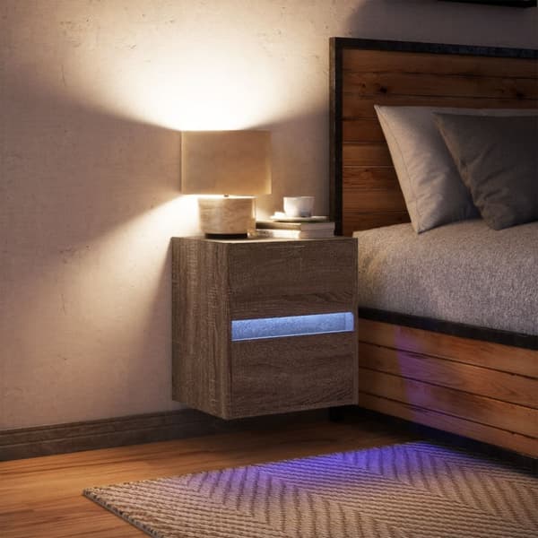 Väggmonterat sängbord med LED ljusbrun ek