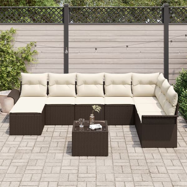Trädgårdsoffset med kudde 9 pcs Brun Poly rattan