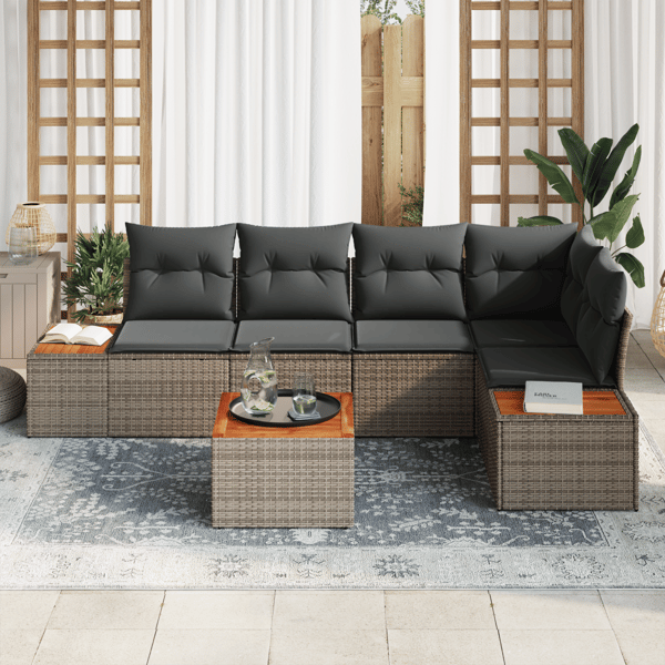 Trädgårdsoffset med kudde med lagring 6 pcs Grå Poly rattan