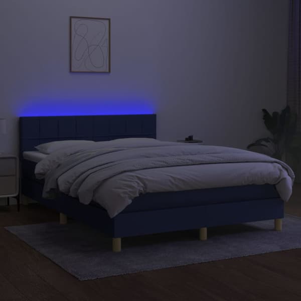 Ramsäng med madrass & LED blå 140x200 cm tyg