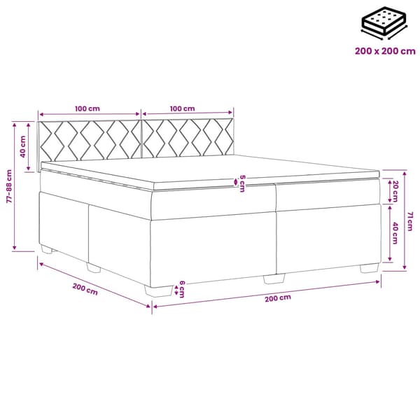 Boxspring säng med madrass och LED Ljusgrå 200 x 200 cm Tyg