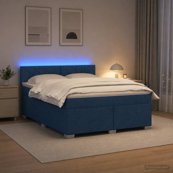 Boxspring säng med madrass och LED Blå 180 x 200 cm Tyg