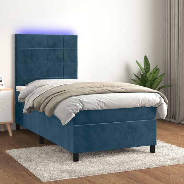 Ramsäng med madrass & LED mörkblå 90x190 cm sammet