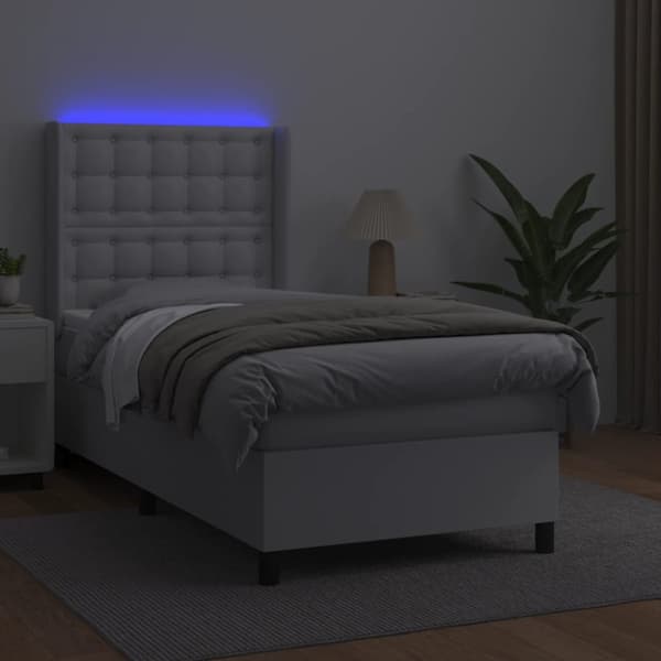 Ramsäng med madrass & LED vit 100x200 cm konstläder
