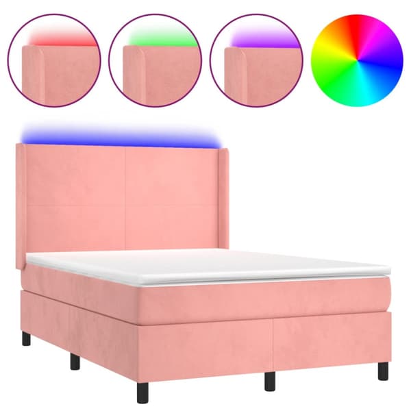 Ramsäng med madrass rosa & LED 140x190 cm sammet