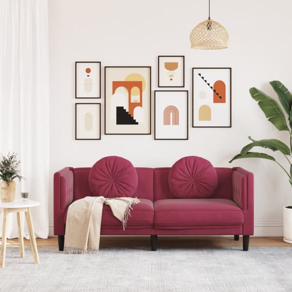 Soffa med kuddar 2-sits vinröd sammet