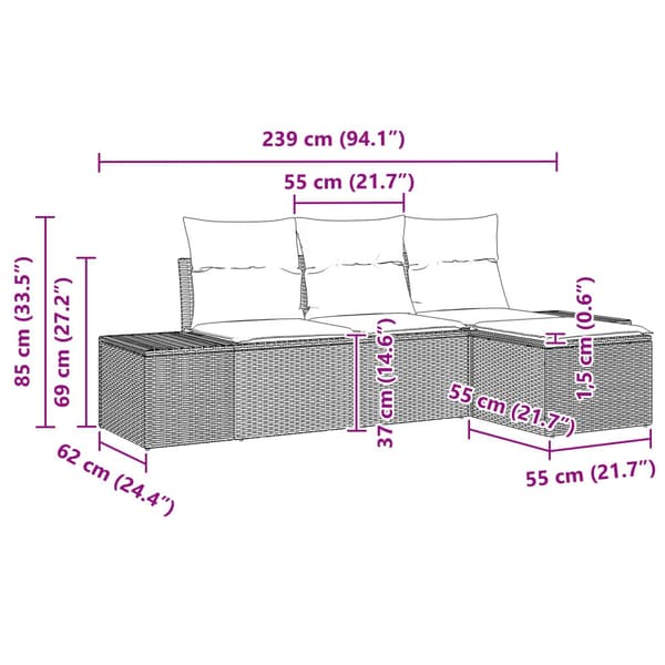 Soffset med kudde 4 pcs Brun Poly Rattan