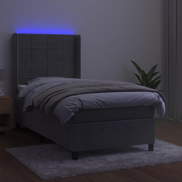 Ramsäng med madrass & LED ljusgrå 90x200 cm sammet