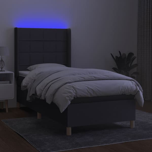Ramsäng med madrass & LED mörkgrå 90x200 cm tyg