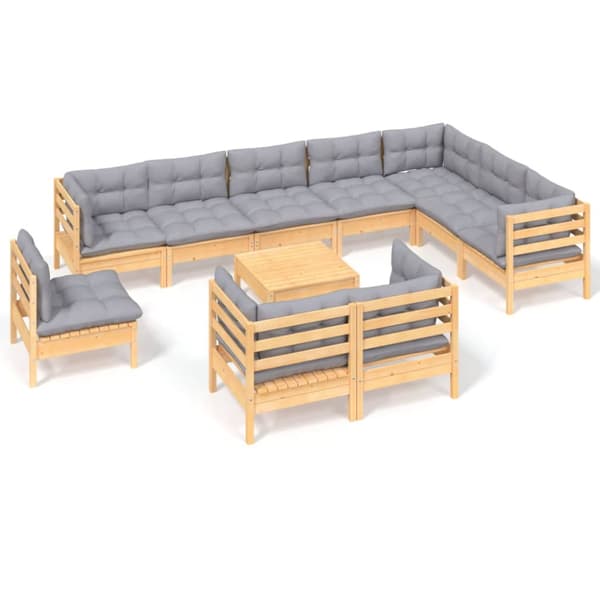 Loungegrupp med dynor 11 delar grå furu