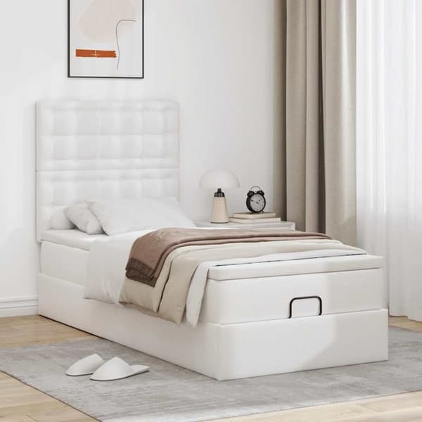 Ottoman sängram med madrass vit 90x190 cm konstläder