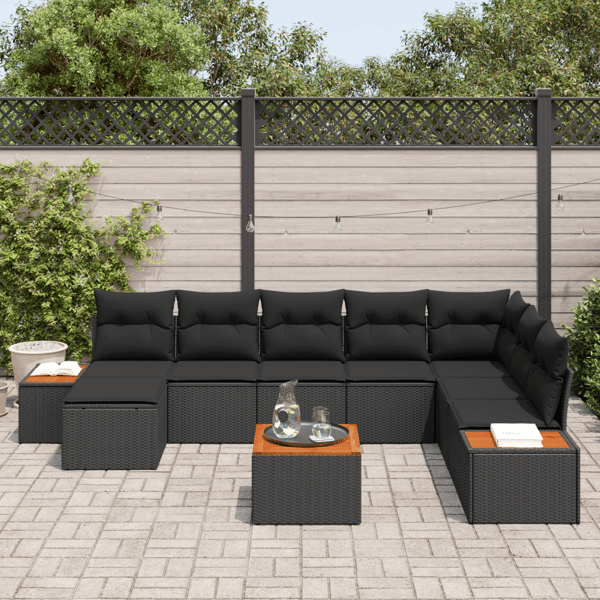 Trädgårdsoffset med kudde 9 pcs Svart Poly rattan