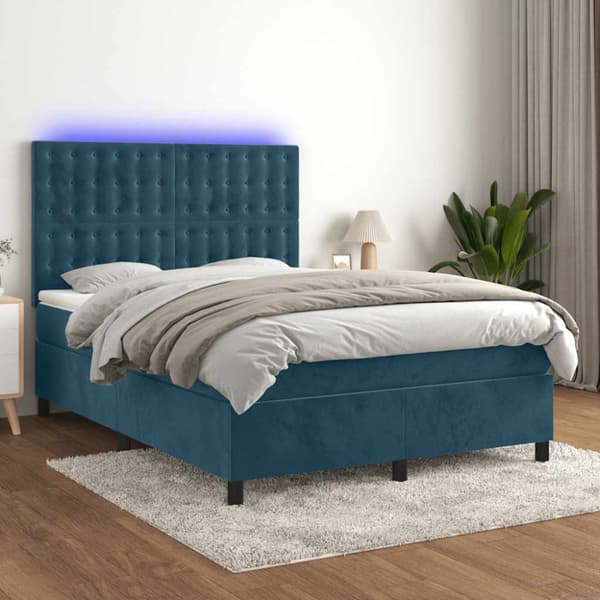 Ramsäng med madrass & LED mörkblå 140x190 cm sammet