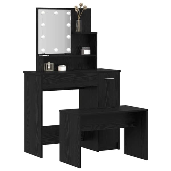 LED Sminkbord Set med låda 2 pcs Svart Ek Konstruerat trä