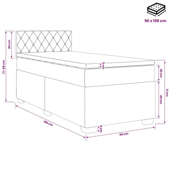 Boxspring säng med madrass och LED Mörkgrå 90 x 190 cm Sammet