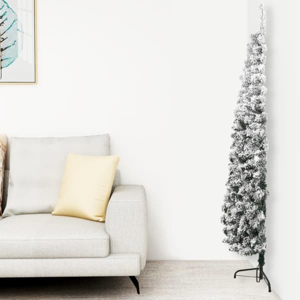 Smal halv plastgran med snö 210 cm