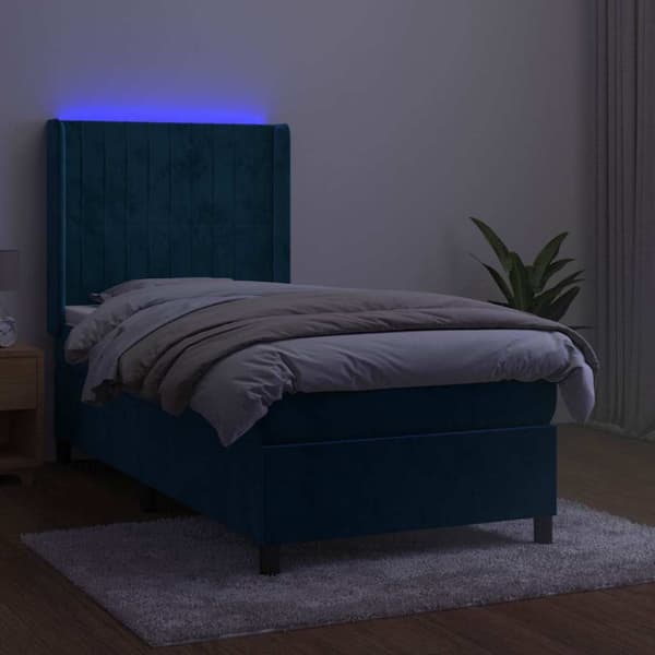 Ramsäng med madrass & LED mörkblå 100x200 cm sammet
