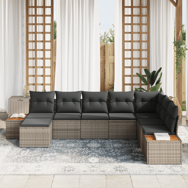 Trädgårdsoffset med kudde med lagring 9 pcs Grå Polyrattan
