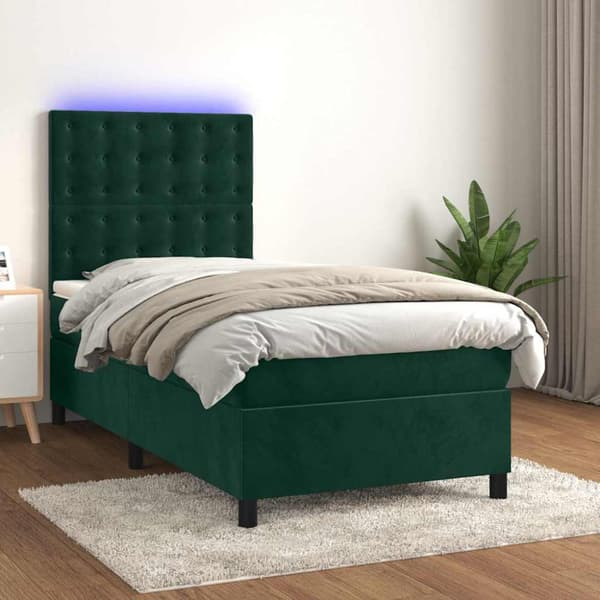 Ramsäng med madrass & LED mörkgrön 90x200 cm sammet