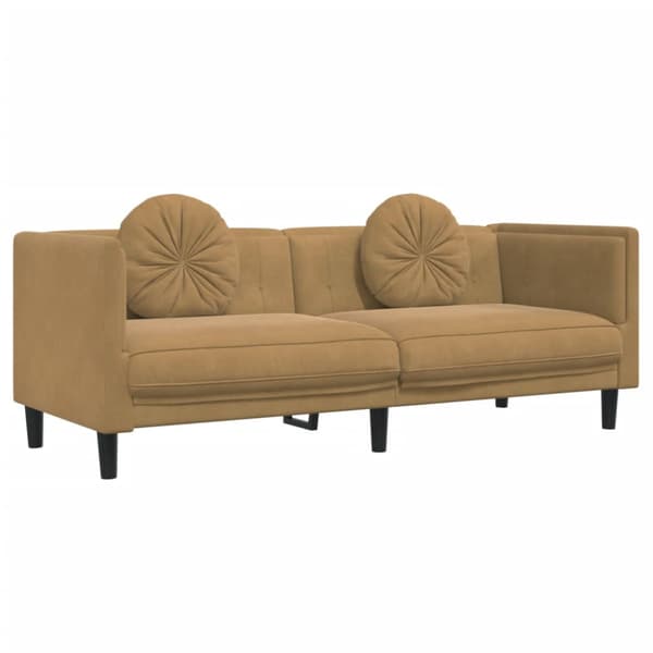 Soffa med kuddar 3-sits brun konstmocka