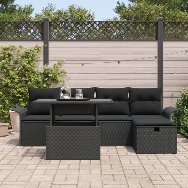 Trädgårdsoffset med kudde med lagring 6 pcs Svart Poly rattan