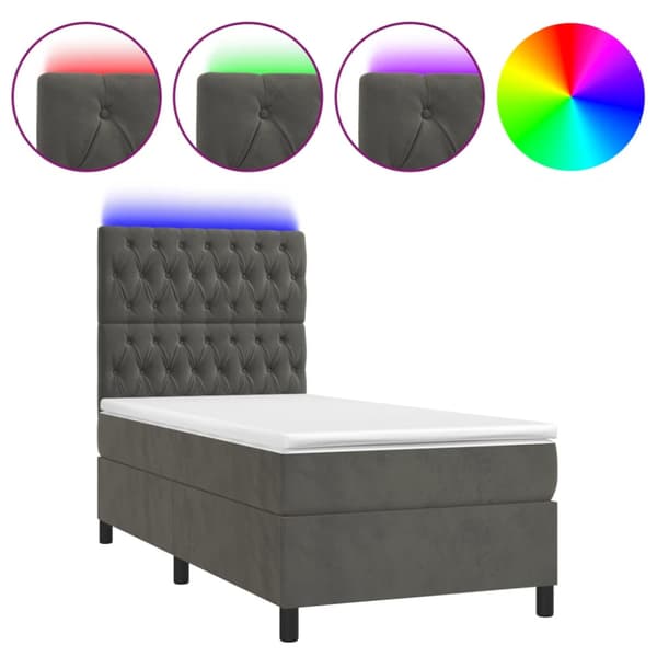 Ramsäng med madrass & LED mörkgrå 90x190 cm sammet