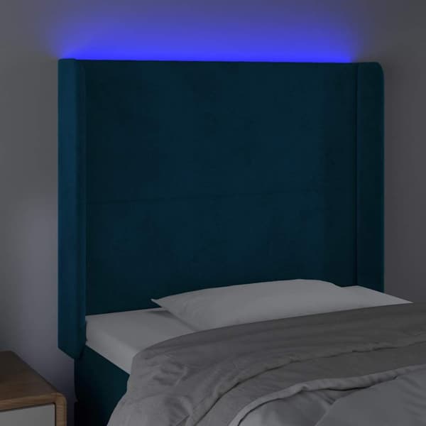 Sänggavel LED mörkblå 83x16x118/128 cm sammet