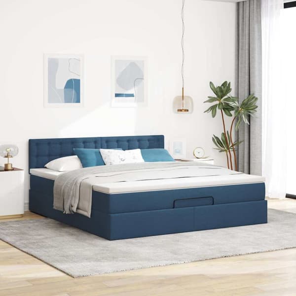 Ottoman sängram med madrass blå 160x200 cm tyg