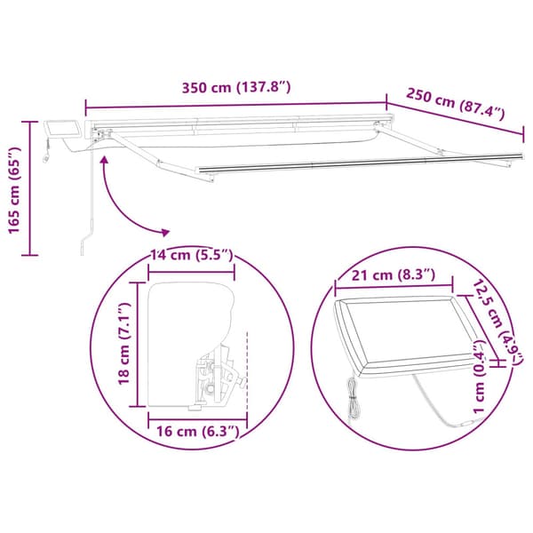 Manuell markisram med LED-lampor 3,5 x 2,5 m