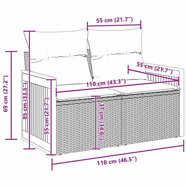 Trädgårdsoffset 9 pcs Grå Poly Rattan och Pulverlackerad Stål