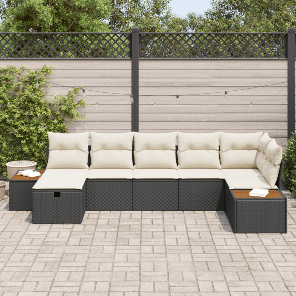 Trädgårdsoffset med kudde 7 pcs Svart Poly rattan