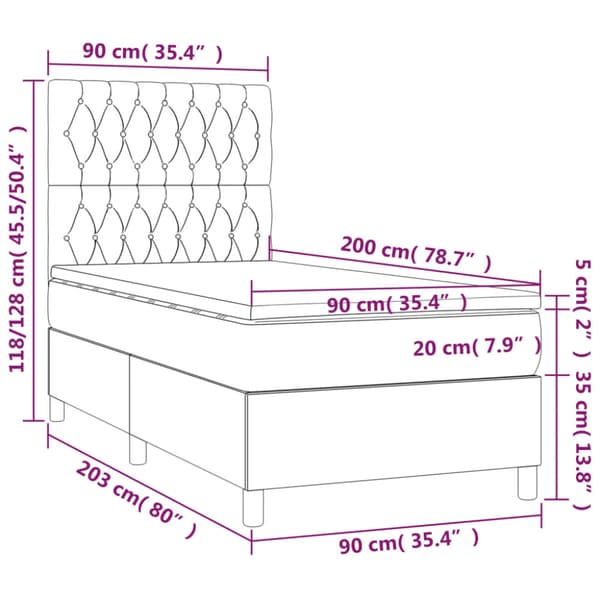 Ramsäng med madrass & LED mörkgrå 90x200 cm sammet