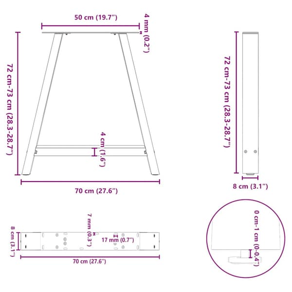 Matbordsben A-formade 2 st 70x(72-73) cm stål