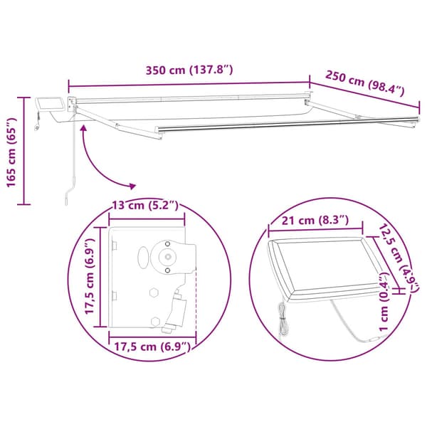 Manuell utdragbar markis med LED-lampor 3,5 x 2,5 m