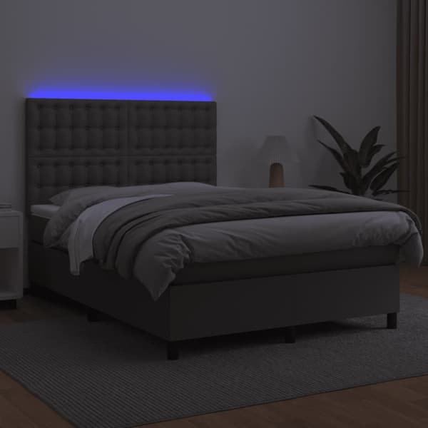 Ramsäng med madrass & LED grå 140x190 cm konstläder
