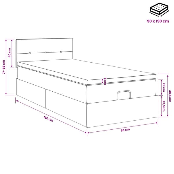 Ottoman säng med madrass Mörkgrå 90 x 190 cm Sammet