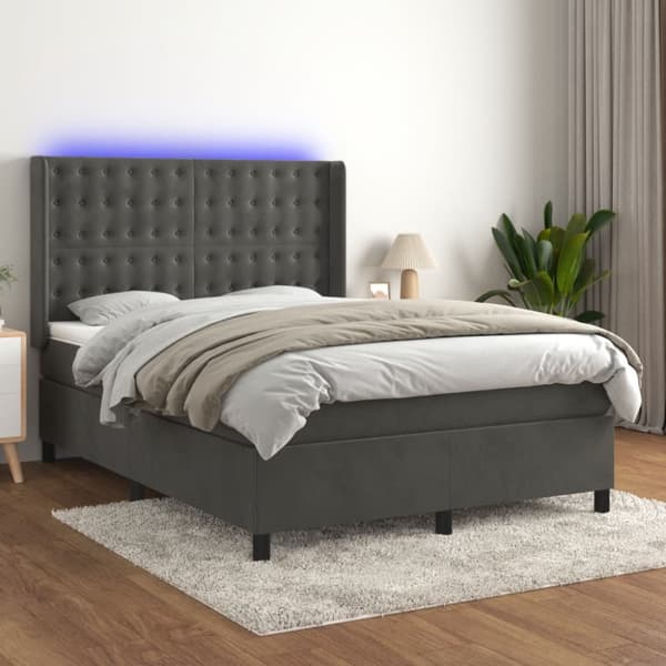 Ramsäng med madrass & LED mörkgrå 140x200 cm sammet