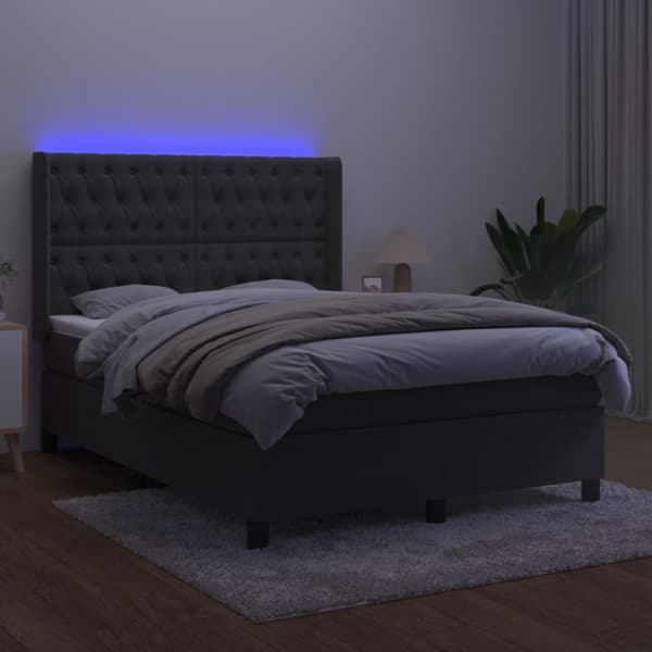 Ramsäng med madrass & LED mörkgrå 140x200 cm sammet