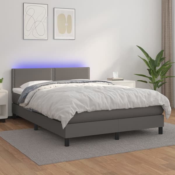 Ramsäng med madrass & LED grå 140x190 cm konstläder