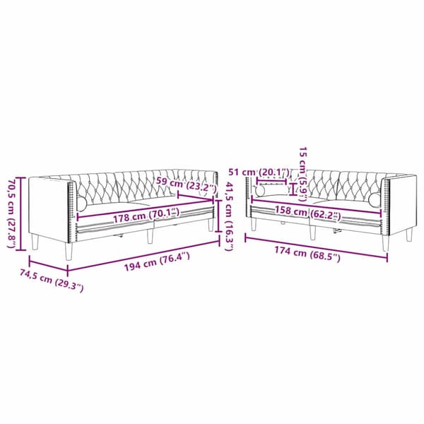 Vardagsrumsoffa 2 pcs Ljusgrå 194 x 74,5 x 70,5 cm Sammet