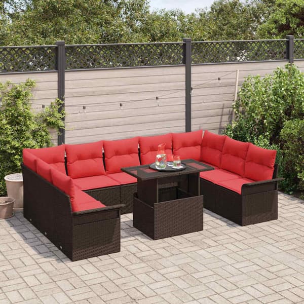 Trädgårdsoffset med kudde 10 pcs Brun Poly rattan