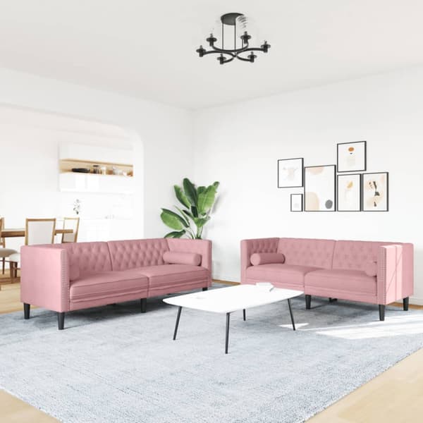 Soffgrupp chesterfield 2 delar bolsterkuddar rosa sammet