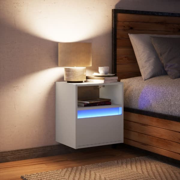 Väggmonterat sängbord med LED-lampor vit