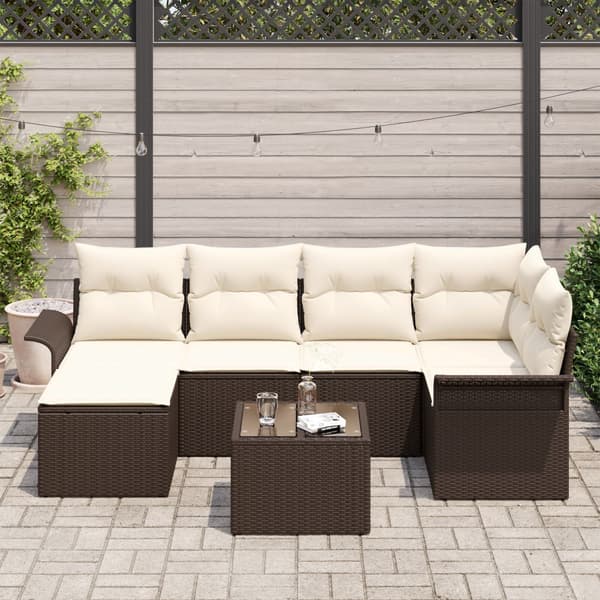 Trädgårdsoffset med kudde 7 pcs Brun Poly rattan