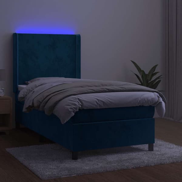 Ramsäng med madrass & LED mörkblå 90x190 cm sammet