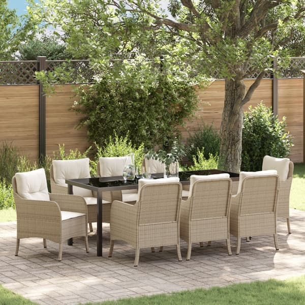Trädgårdsmöbelset med kudde 9 pcs Beige konstrotting