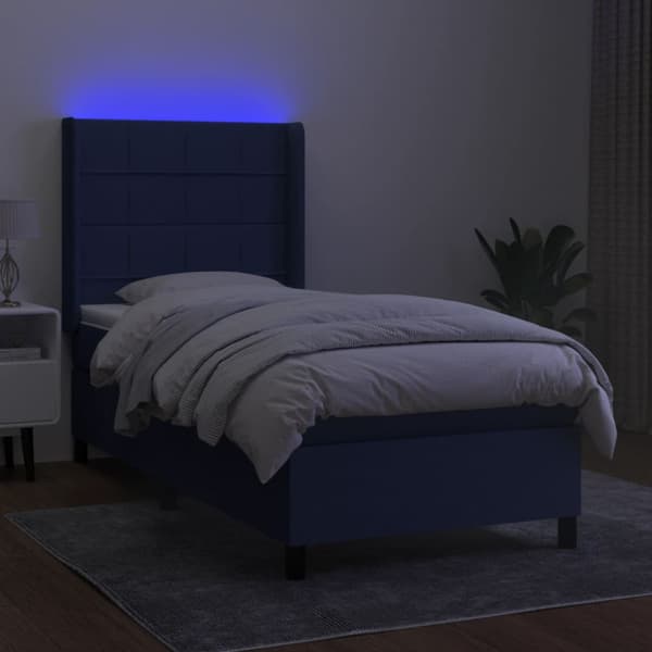 Ramsäng med madrass & LED blå 90x200 cm tyg