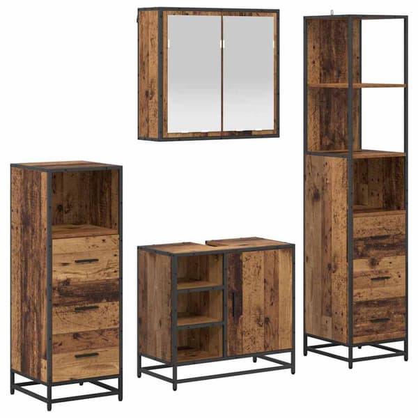 Badrumsmöbelset med låda 4 pcs Gammalt trä Konstruerat trä