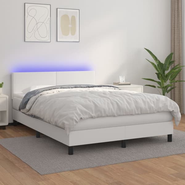 Ramsäng med madrass & LED vit 140x190 cm konstläder